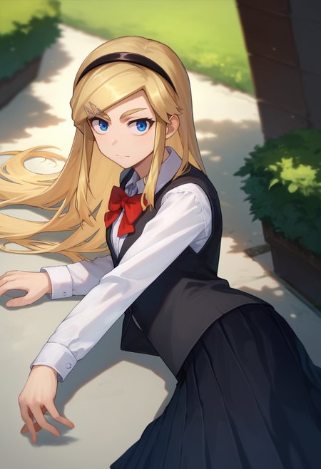 score_9, score_8_up, score_7_up, 1girl,  Kojikira, blonde hair, long hair, blue eyes, hairband, hairpin,  red bowtie, black vest, white shirt, black skirt,  on side, light smile,    <lora:Akira-000008:1>