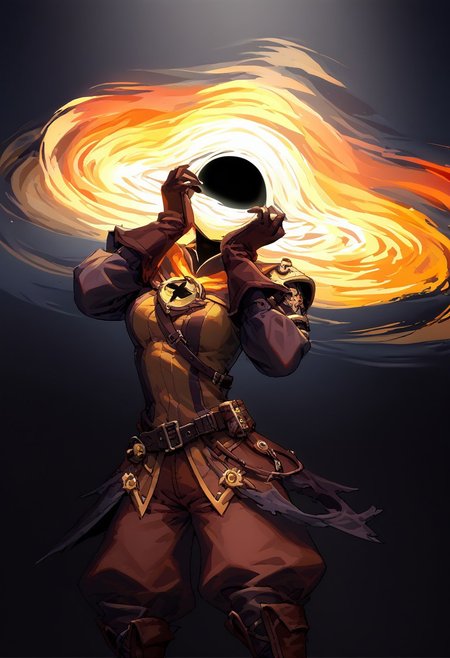 score_9, score_8_up, score_7_up,
lord_of_frenzy, fire head,
faceless, no eyes, no mouth, no nose, no facial features, 
h3ad, object_head, 
(black hole:1.1), (event horizon:1.1), (gravitational lensing:1.3),
magical girl outfit, yellow steampunk dress, boots, (brown shorts:1.2), black tights, medium breasts, belt, brown gloves, black long sleeves,
simple background, black background,
hands on own face, hands on own cheeks, yandere trance,
expressive pose, tilt head, arched back,