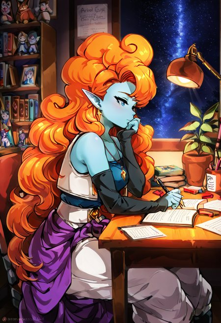 masterpiece, best quality, solo, curvy, beautiful eyes,  narrow waist, wide hips, zZangya, blue eyes, blue skin, pointy ears, orange hair, curly hair, long hair, big hair,  jewelry, necklace, detached sleeves, bare shoulders, vest, gloves, white baggy pants,  ,       <lora:ZangyaDragonballIXL:1.0>, , zzLofi, sitting, side view, desk, chair, book, bookshelf, head rest, holding, holding pen, lamp, night, open book, pen, plant, potted plant, sky, star (sky), starry sky, window, windowsill, writing, <lora:LofiGirl_Style_IXL:0.8>,