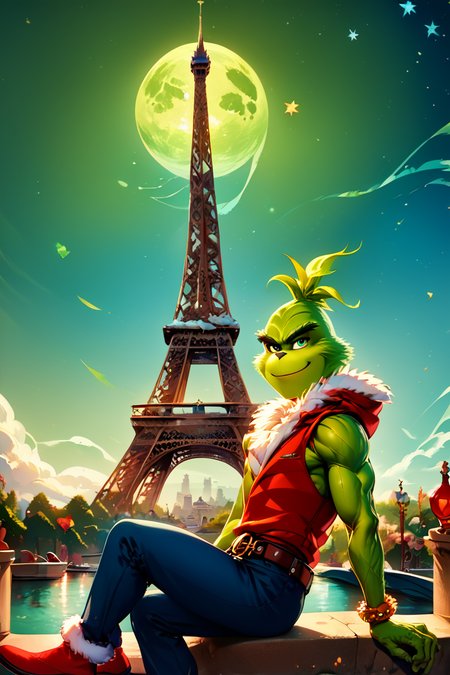 score_9, score_8_up, score_8,  ,,, , zzGrinch, solo, looking at viewer, smile, 1boy, jewelry, male focus, sleeveless, belt, pants, vest, bracelet, hand on hip, fur trim, muscular, colored skin, muscular male, veins, green skin,  <lora:GrinchPDXL:1.0>,,,, BREAK, zzEiffelTower in background, sitting, watercraft, boat, sitting on wall, side view, looking at viewer, smile, ,,, BREAK, blooming stars, luminescent petals, otherworldly fragrance blurry background, ,,, embedding:zPDXL, Expressiveh, ,,, <lora:EiffelTowerPDXL:1.0>, <lora:CatalystStylePDXL:0.6>, <lora:SDXLFaeTastic2400:0.5>, <lora:Expressive_H-000001:0.4>,