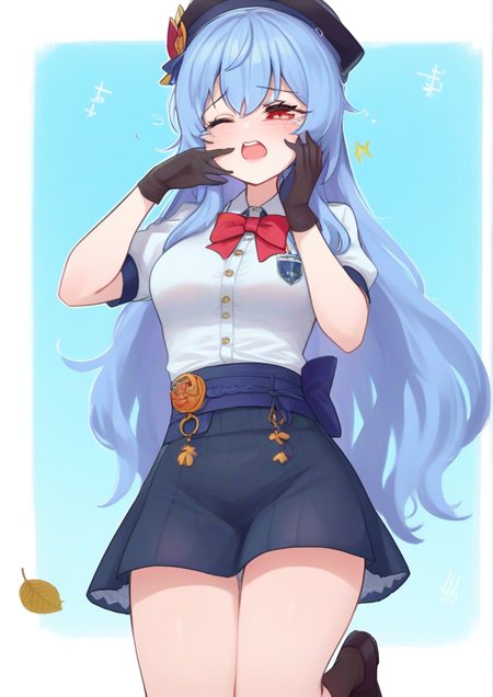 1girl,black footwear, black gloves, black headwear, black socks, blouse, blue hair, blue sash, blue skirt, bow, bowtie, buttons, foreshortening, from below, gloves, half-closed eye, hand on own cheek, hand on own face, hat, kneehighs, knees, leaf, long hair, looking at viewer, mandarin collar, one eye closed, open mouth, puffy short sleeves, puffy sleeves, red bow, red bowtie, red eyes, sash, shirt, short sleeves, sidelocks, skirt, sleepy, solo, tears, very long hair, white shirt, yawning  <lora:TAZO:1>