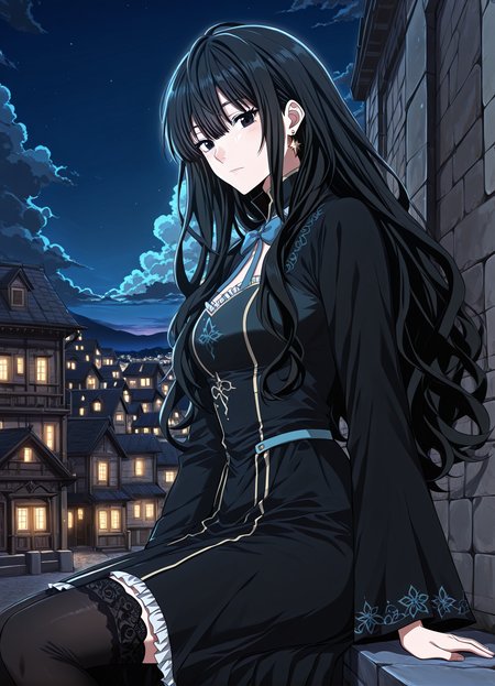 <lora:Kathyln_Glayder__The_Beginning_After_the_End__Illustrious-000009:1>
1 girl, solo, black eyes, brwon eyes, very long hair, black hair, bangs, wavy hair, ahoge, hair between eyes,
black dress, long dress, blue bowtie, black thighhighs, long sleeves, frills, earrings, jewelry, star earrings,
score_9, score_8_up, score_7_up, score_6_up, source_anime, masterpiece, best quality, absurdres, highres, newest, anime coloring <break>  1girl, solo, sitting, on wall, from side, town, night sky, cloud, looking at viewer, night, <lora:iLLMythG0thicL1nes:1>