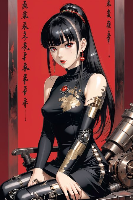 1girl, ((amputee:1.4)), solo focus, battle damage, black dress, (black sclera, red eyes), black hair, blunt bangs, blunt ends, blunt sidelocks, china dress, closed mouth, ((damaged)), dress, earrings, high ponytail, jewelry, ((mechanical legs, mechanical parts)), painterly, red background, red lips, science fiction, sitting, sleeveless, sleeveless dress, small breasts, solo, straight hair, stud earrings, turtleneck, turtleneck dress
(Dramatic Lighting, Vibrant Colors, Exquisite Detail, Award Winning, Stunning) ((in the style of takato yamamoto:1.4)) <lora:Horror_HK:0.75>  <lora:Urushihara Satoshi_XL_V2:0.6>