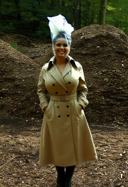 (Sexy busty) woman with (gigantic breasts)+++ and (high updo)+++ (top tank dress)+++ (trenchcoat)+++ (plastic bag)+++ (bag over head)+++ (smiling in a hill)+++