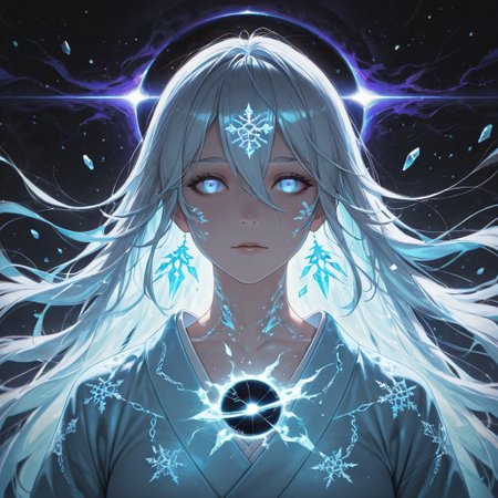 masterpiece,best quality,amazing quality,absurdres, BREAK 
1girl, light blue kimono, floating snowflakes, glowing light blue cracks, starless sky, black hole backdrop, eldritch runes, chains (broken), ice magic, pale skin, glowing blue eyes, floating debris, apocalyptic aura, portrait: symmetrical framing, cosmic horror, anti-gravity hair, white hait, long hair,  reality distortion, forgotten civilization
