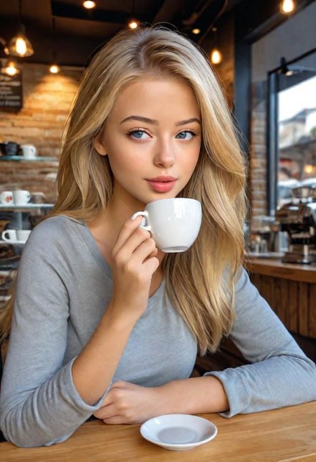 (masterpiece)
a beautiful blond girl drinking coffee, 
coffe shop background, 
HDR, 8k, trending on artstation,