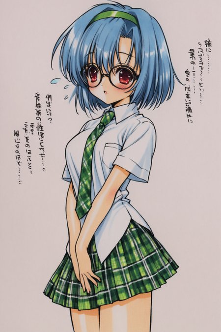 1girl,skirt,glasses,plaid,plaid skirt,necktie,hairband,blue hair,red eyes,short hair,shirt,school uniform,pleated skirt,blush,green skirt,short sleeves,plaid necktie,simple background,white shirt,traditional media,green hairband,green necktie,flying sweatdrops,<lora:Ramiya Ryou_XL:0.8>,