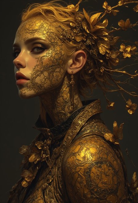 Golden statue of a woman, her skin composed of delicate, textured gold flakes, with chrome and golden flowers intricately woven into her hair, her eyes gleaming with a warm, golden light, wearing a majestic, windy-blown ornate gown with tattered, metallic petals, reminiscent of a dark, dystopian world, her face and shoulders illuminated by a soft, ambient glow, as if radiating an otherworldly energy, in the styles of Royo's dark, mystical realism, Artgerm's hyper-detailed, metallic sheen, and Lovecraft's eerie, atmospheric tension, with meticulous attention to intricate textures, dramatic shading, and a sense of haunting, ethereal beauty.