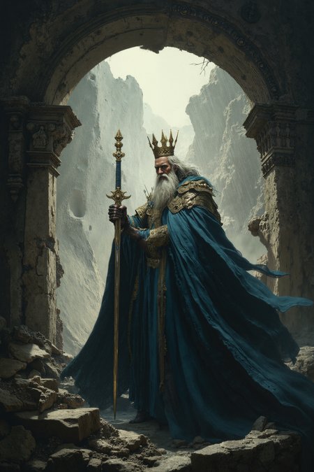 masterpiece, best quality, 4k, HDR, hi-resolution, tetradic colors in details, (volumetric light:0.8), (light diffusion:0.9), light ray tracing,very realistic,midjourney,detailifier,db4rz style, digital art, A specter king, wielding a longsword, stands in dynamic three-quarter view. His raiment, a voluminous cerulean cloak, obscures his form. A golden crown, studded with lapis lazuli, rests upon his ashen brow, framing alabaster hair that cascades to his waist.  Emaciated visage, spectral pallor, and cavernous eyes convey moribund regality. Emphasize the regal yet macabre aura. Focus on the interplay of light and shadow.  Background: crumbling archway, tenebrous depths, shattered flagstones. Add intricate details to the sword hilt and crown. Illumine the scene with chiaroscuro lighting, accentuating the king's spectral form and lending an eldritch ambiance. Consider a low angle shot for augmented grandeur.