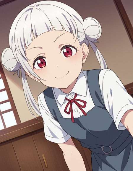score_9, score_8_up, score_7_up, source_anime, <lora:chisato-arashi-s2-ponyxl-lora-nochekaiser:1>, chisato arashi, long hair, bangs, red eyes, twintails, white hair, blunt bangs, hair bun, double bun,, shirt, dress, ribbon, school uniform, white shirt, short sleeves, collared shirt, red ribbon, neck ribbon, pinafore dress, grey dress, summer uniform, yuigaoka school uniform,, indoors, bent over, smile, smug, looking at viewer, solo,, cowboy shot, dutch angle