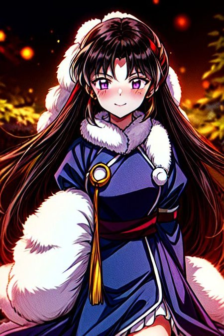 masterpiece,  best quality 1girl Setsun4 solo long hair,  (night time) forest background black hair very long hair purple eyes multicolored hair armor (fur trim) (medium body),<lora:EMS-179-EMS:0.800000>,<lora:EMS-293862-EMS:0.800000> bow, hair_bow, hair_tubes, red_bow, brown_hair, long_hair, bangs, sidelocks, ascot, brown_eyes, frilled_bow, yellow_ascot, blush, smile, hair_between_eyes