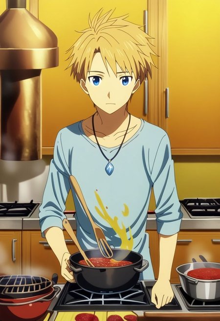 high resolution, solo, best quality, 1Boy, Yamato Ishida, Blond Hair, Blue Eyes, Necklace, cooking, kitchen, OverallDetail