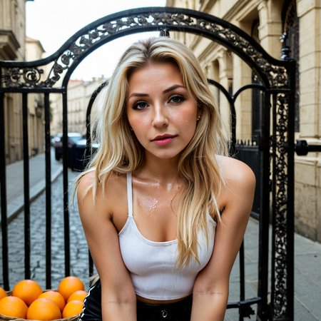 vintage photography of Blondy_V01_XL, solo, blonde hair, long hair, realistic, 1girl, dressed in white tank top, black pants, smooth textures, ornate iron gate, stone building facade, urban environment, clear skies, hand in hair, kneeling position, direct gaze, left leg bent, confident expression, natural lighting, soft shadows, close-up shot, waist-up framing, eye-level angle, direct perspective, inside a giant clockwork orange (literally a clock inside an orange fruit) (intricate skin detail:1.3), (wrinkles:1.2),(skin blemishes:1.1),(skin pores:1.1),(detailed face:1.3), (lips slightly parted:1.0), (detailed face:1.3), high fantasy, (high angle:1.3), shot on Sony A1 with Sony FE 20mm f-1.8 G, photo by Alessio Albi,