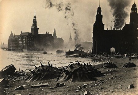 Godzilla on the shore of Hamburg, B&W 35mm vintage photo, WW2 picture, destroyed city backdrop, easynegative, realisticvision-negative-embedding