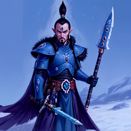 <lora:aeldari_xl_6:1>aeldari, asuryani, standart aeldari, aeldari's cape, solo, black hair, 1boy, holding, weapon, male focus, sky, belt, fur trim, facial hair, polearm, gauntlets, gem, snow, spear, snowing