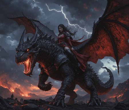 Create an epic fantasy scene featuring a tiny fierce warrior woman (wearing boob cutout amour) (boobs out) , (naked) riding on top of an enormously huge, terrifying winged dragon. The warrior should have long, flowing black hair, and her attire must be an intricate mix of dark armor and crimson robes, blending strength and elegance. Her expression is one of determination and power, with piercing eyes that seem to glow with a supernatural intensity.  The dragon under her, a monstrous, armored creature covered in dark, glossy scales that shimmer in the low, ominous light. Its scales are jagged and rough, like volcanic rock, adding to its fearsome appearance. Its massive head is lowered, with glowing, fiery eyes locked on its foe. The dragon's mouth is open wide, revealing rows of razor-sharp teeth, and molten fire spills from its maw, swirling into the air as if about to unleash a deadly flame attack. The dragon's nostrils flare, and smoke billows from them, adding to the dangerous atmosphere.  The background is a dark, stormy sky filled with swirling clouds, with cracks of lightning occasionally illuminating the scene. Shadows play across the warrior and the dragon, emphasizing the tension between them. The ground beneath them is a craggy, blackened cliff, covered in ash and jagged rock formations, giving the sense that this battle is happening in a volcanic or hellish environment. In the distance, fiery eruptions from a volcano are visible, casting an orange-red glow over the entire landscape. The air itself seems to crackle with energy, filled with ash and embers drifting through the scene, adding to the chaotic, warlike setting.  Despite the overwhelming power of the dragon under her, the warrior sits firm, her stance legs wide steady and unyielding but sexy. Her cape billows behind her in the wind, further enhancing her heroic posture. The details in her armor should be finely crafted, with ornate, almost medieval elements mixed with dark fantasy aesthetics. Her gauntlets and shoulder plates are decorated with spikes, and her boots are made of a sleek, blackened metal, polished and reflecting the fiery glow around her.  The lighting in the scene is crucial. The fiery glow from the dragon's mouth should cast an eerie red light over the characters, while darker shadows dominate the edges of the image. The fiery reds and oranges of the molten flames contrast sharply with the darker blues, purples, and blacks of the night sky, creating a dynamic color palette that conveys both danger and beauty. The red glow from th dragon fire should highlight the edges of the warrior’s armor and cloak, giving them a menacing, almost demonic appearance.  The overall feel of the image should be intense and dramatic, capturing a moment of high tension, as though the battle is about to begin or has just reached a critical point. The warrior should appear powerful but not invincible, a team of heros standing against an overwhelming force, while the dragon should radiate ancient, primal power, its very presence dominating the scene.  Make sure the details, especially in the dragon's scales and the warrior's armor, are sharp and intricate, with a sense of realism despite the fantastical setting. This scene should evoke a sense of awe, fear, and admiration, combining the epic scale of a high-fantasy battle with the personal courage of a lone warrior facing down a mythical beast. ((4K, 8K, UHD))