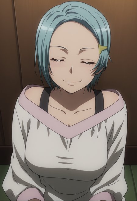 score_9, score_8_up, score_7_up, source_anime, BREAK 1girl, solo,  <lora:DX888Hitomi:1> karuko hitomi, short hair, hairclip, blue hair, dress,   off shoulder, closed eyes,  doyagao, proud, happy, smug, ^ ^,  v-shaped eyebrows, = =, closed eyes,  solo , on ground, on side,  looking at viewer, elbow rest,