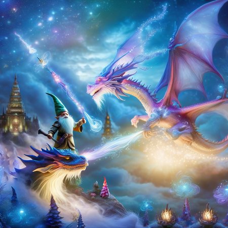 Fujifilm quality photograph (best quality)++, (masterpiece)++, (detailed)+, elf on the shelf fighting a Dragon, (fantasy illustration)1.3, enchanting Dragon battle elf on the shelf, mystical battle, (many gnomes battling)1.4 (whimsical charm).4 Otherworldly charm, mystical sky, (Luis Royo)1.2, (Yoshitaka Amano)1.1, moonlit night, soft colors, (detailed cloudscape)1.3, (high-resolution)1.2 (gnomes  battling everywhere)1.2 , <lora:DonM3t3rn1tyXL-v1.1:0.8> DonM3t3rn1tyXL <lora:DonMD1g174l4sc3nc10nXL:0.8> DonMD1g174l4sc3nc10nXL  <lora:Dragons:0.8> dragon  <lora:EnvyMagicalXL01:0.8> magical <lora:FantasyLandscape:0.8> FanLan