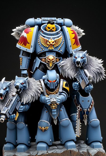 Absurdres, score_9_up, Source: Warhammer40K, Spacewolves Astartes chapter space marines wielding bolter guns, gray power armor with fur trim and astartes helmets, wolf motifs, (masterpiece), best quality, expressive eyes, perfect face, 1, space marine, Painstaking Attention To Details, 1990s \(style\), Vintage, Vintage comic book cover of White Dwarf Tabletop Adventures, project unreal engine, volumetric lighting, perfect anatomy, perfect hands, detailed_eye_model, black background, graffiti, blgstyle, ImperialF40k, <lora:PeopleCountSliderLoRAv1:2.0>, <lora:756af36b-d5fa-496f-b9a1-088c62f0c527:0.7>, <lora:6f3a2b85-aa03-4ab1-9f9a-e816ad4b1121:0.7>, <lora:cf26021c-0e88-4b06-9329-8702e6590716:0.7>, <lora:_raging_flames:0.7>, <lora:warhammerAdeptus_v1:0.7>, <lora:e6084b5e-a05d-475d-8afe-925ae03a434b:2.0>, <lora:b8dcc527-1d03-4fe2-ab9e-341ce407290f:0.7>, , , ,