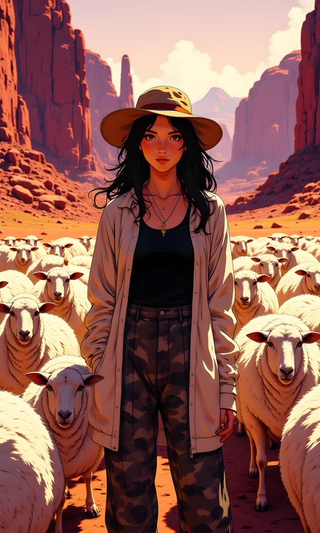 A woman standing between herd of white sheeps in a desert landscape, with large rock formations and mountains in the background. She has long, dark hair that flows freely, adding to the overall sense of movement and freedom. Her expression is serious and contemplative, with her gaze directed straight at the camera.
Her facial expression is intense and focused. She has a neutral look on her face, which conveys a sense of strength and determination. Her eyes are wide open, creating a connection with the viewer and drawing attention to her features.
She is standing upright with her hands resting on her hips, creating a confident and assertive pose. Her body language suggests she is comfortable and at ease in the environment. The way she stands adds to the overall sense of power and presence.
The woman is wearing a wide-brimmed hat, which provides shade and protection from the sun. She has on a light-colored, patterned jacket that is slightly oversized, giving a relaxed and stylish look. Underneath the jacket, she is wearing a black top, which contrasts with the lighter colors of her outerwear. Her pants are dark and have a unique pattern, adding an element of visual interest to her outfit. She also has a necklace around her neck, which adds a touch of elegance and personal style.
The camera is positioned at eye level, capturing the woman from a frontal perspective. This angle allows for a direct and intimate view of her face and upper body. The framing is tight, focusing primarily on her and the immediate surroundings.
The lighting in the image is warm and golden, likely from the setting or rising sun, given the soft glow on her face and clothing. The light highlights the texture of her hair and the details of her outfit, creating a warm and inviting atmosphere. The shadows are soft and subtle, adding depth and dimension to the image without overpowering the subject.
The background features a group of sheep standing on a desert at the far background vast desert landscape with large rock formations and mountains in the distance. The sheep are positioned close together, with their woolly coats and distinctive features clearly visible. They appear to be looking directly at the camera, creating a sense of connection with the viewer. 
The sheep have calm and neutral expressions. Their eyes are open, and they seem to be observing their surroundings or the photographer. The overall mood conveyed by their expressions is one of tranquility and contentment. 
The sheep are standing in a relaxed manner, with their bodies facing forward. Their legs are slightly apart, providing a stable stance. The way they are positioned suggests they are comfortable and at ease in their environment.  The sky is a mix of purple and orange hues, suggesting either sunrise or sunset. The overall setting is serene and peaceful, providing a beautiful backdrop for the image.
The composition is well-balanced and harmonious, with the woman centered in the frame. The lines of the rock formations and the direction of her gaze guide the viewer's eye through the image, creating a sense of movement and interaction. The contrast between the warm tones of her clothing and the cooler tones of the background enhances the overall visual impact. The overall effect is one of beauty and tranquility, capturing a moment of quiet reflection in a stunning natural setting.
BREAK j_art, anime, anime art, <lora:FLUX\RetroAnimeS1.1:0.1>, <lora:FLUX\GLSHS:0.1>, <lora:FLUX\Dieselpunk Delight - s0_9 g4:0.1>, <lora:FLUX\Anime Art V3:0.1>, <lora:FLUX\jul\J_Anime:1.0>