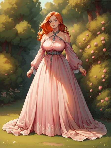 score_9, score_8_up, score_7_up, score_6_up, score_5_up, score_4_up, long hair, ginger hair, large breasts, <lora:Fr3ckledXLP:0.3> Fr3ckles,1girl, freckles, grey eyes  <lora:v0gp1nkXLP:0.5>v0gp1nk,bare shoulders,pink dress,long sleeves,full body,