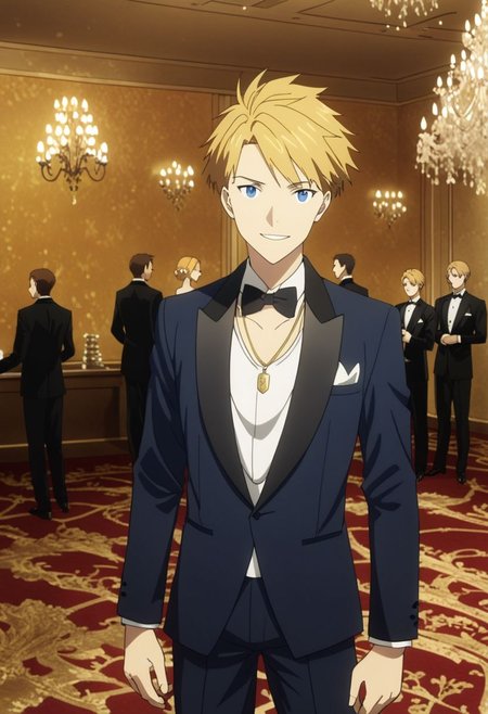high resolution, professional photography, best quality, 1Boy, Yamato Ishida, blond hair, deep blue eyes, necklace, ballroom, luxury hotel, tuxedo, smile, mysterious, confident, rich, OverallDetail