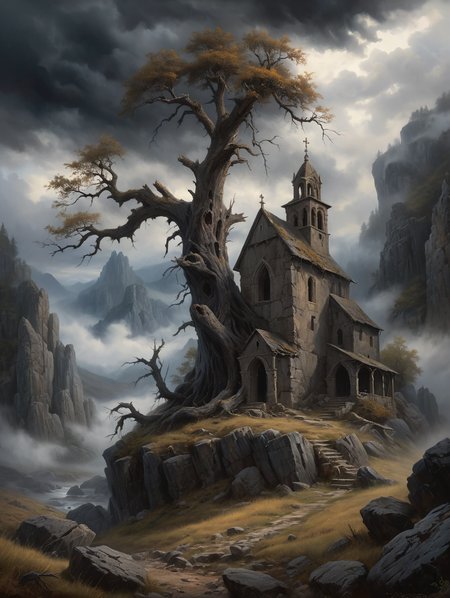 oil painting, A forgotten monastery in the mountains, 34K uhd, masterpiece, high detail, 8k, intricate, detailed, high resolution, high res, high quality, <lora:add-detail-xl:1.8>, highly detailed, Extremely high-resolution details, fine texture,