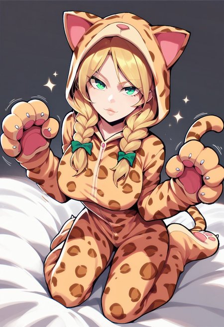 score_9, score_8_up, score_7_up, score_6_up, austr, anime, masterpiece, kitty onesie, animal costume, hood, tail, solo, leopard print, cat costume, animal print, perfect face, perfect eyes, 4ng3l face, 1girl, sexy girl, (pouty lips), full lips, mai sakurajima, large breasts, braided pigtails, long hair, bangs, blonde, green eyes, looking at viewer, solo, sexy, glamor, sexy pose, flirty, seductive, seductive expression, horny, aroused, naughty face, motion lines, on bed, kneeling, cat paw hands, paw pose, soft shading, clean lines