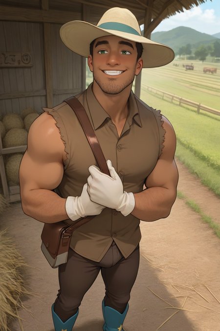 expressive manly face, shadow, dynamic angle, atmospheric perspective, intricately detailed, depth of field, masterpiece, best quality, amazing quality, very aesthetic, absurdres, newest, very awa, 1boy, make focus, solo,coralkenny,dark skin,brown hair,green eyes,hat, pubic hair, (penis bulge:0.75), farm, facial hair, stubble, brown shirt, collared shirt, sleeveless, brown pants, blue boots, white gloves, bag, smile, 