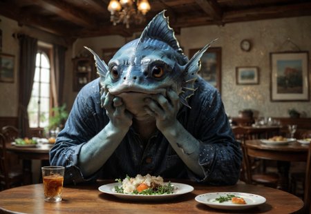 Score_7_up, score_8_up, re_an, realistic, photo, scene, dynamic, solo, solo male, low angle, 
BREAK,
1boy, Fish, piscine, blue skin, fins, sitting at table, head in hands, plate of food, food on plate, over table, head tilt, tilted head, 
Indoors, cozy, slice of life, 