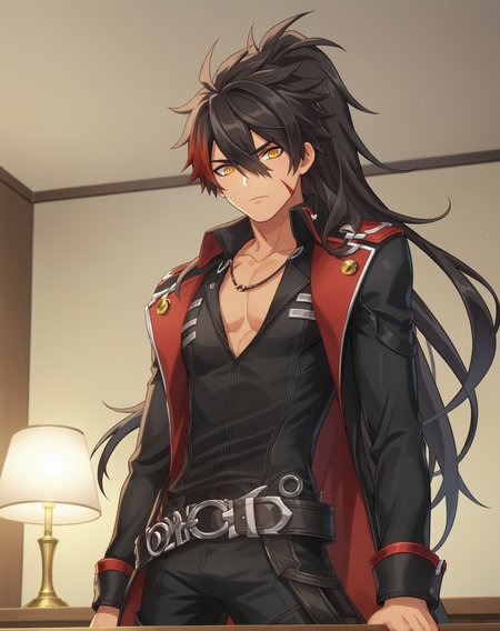 score_9, score_8_up, score_7_up, source_anime, anime screencap, depth of field, rating_safe, BREAK,
1boy, solo, yaoi, male focus, mature male, toned, 
looking at viewer, cowboy shot, facing viewer, standing, straight-on, arms at sides,
<lora:Nova_Imperatorv2:1> novaimperator, black hair, multicolored hair, two-tone hair, streaked hair, red hair, long hair, amber eyes, dark skin, spiked hair, ponytail,
black shirt, black pants, black coat, 
indoors