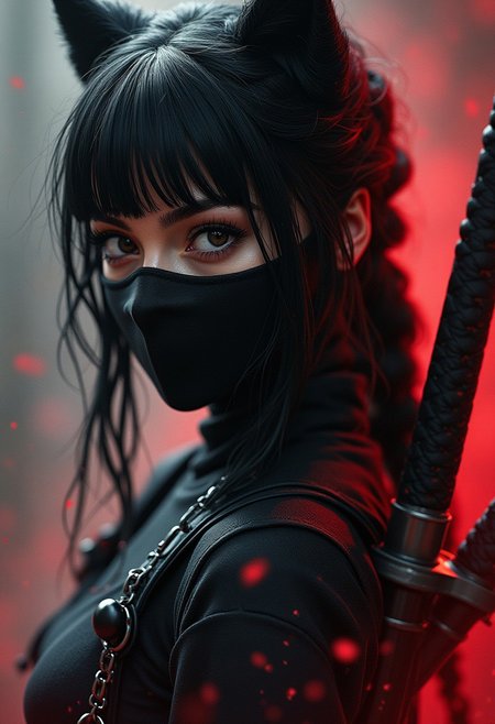 black and white and red action shot a beautiful black ninja girl with a black mask and skinny suit like cat woman, two swords on her back, photorealistic beautiful face, mixed media photography, black long hair with bangs and braids and a hair band, Tattoos, dark white and cyan, cinematic lighting, strong black lines, photo-realistic techniques, realistic digital drawing, in stunning digital paint, gorgeous digital painting, deep shadows, photo-realistic eyes, photo-realistic skin, photo Mario Testino, detailed facial feature, rtx, Uhd, expressive character designs, adventurecore, Nikon dslr, digital airbrushing, utilizing vray tracing for extraordinary realism, unreal engine 5, high resolution