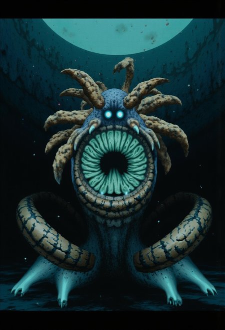 b3rs3rk first person d4concept pov, 3D01S, simple background d4artstyle atmospheric and powerful MikeFranchinastyle dark fantasy, natural organic and first person pov of a berserk style creature A Tsutomu Nihei style 
 deep-sea eel creature with biomechanical aesthetic, translucent ghostly-blue flesh revealing internal structures. Enormous circular maw filled with concentric rings of crystalline teeth, multiple rows deep. Massive lidless eyes with bioluminescent glow, surrounded by broad fin-like sensory organs resembling gothic architecture. Serpentine body with segmented bone-like plating and ethereal membrane fins undulating along length. Vestigial arms ending in sharp bio-mechanical pincers, legs with six webbed claws emerging from scaled hide. Skin texture transitions between translucent blue membrane and armored plates with muddy brown base and intricate patterns of black and tan speckles. Underwater lighting creating ethereal glow effects and deep shadows, light filtering through membranous parts of body. Air bubbles and particles floating around creature suggest massive scale. Background features deep ocean darkness with subtle bioluminescent elements. 
UHD letterboxed game trailer frame chromatic aberration dark atmosphere sharp masterpiece with a focus on the character, elden ring style, dark atmosphere, chromatic aberration