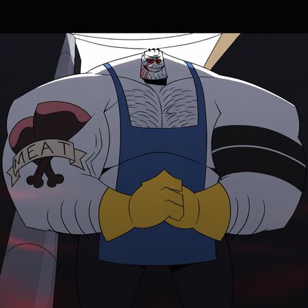 score_9, score_8_up, score_8, BREAK absurdres, 4k, 8k, masterpiece, Greg, muscular male, 1boy, solo, large muscles, scars, tattoos, apron, red eyes, facial hair, chest hair, gloves, pants, massive pectorals, looking down, teeth, smiling, grin, flexing muscles, veiny muscles, dynamic angle, dynamic pose
