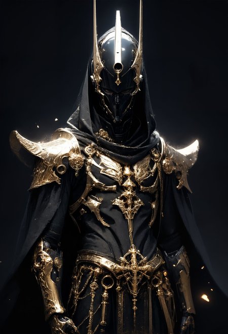 (score_9, score_8_up), score_7_up, 1girl, Highly detailed RAW color Photo, cowboy shot, glistening, glowing, long black hair, realistic robot jackal helmet, shoulder armor, gauntlets, pauldrons, mask, dark, hood, full armor, all black and gold armor, black cloak, occult, dark theme, black theme, dark background, gold, gold jewelry, dark, elegant, royal, headpiece, cables coming from head, sci fi, cyborg, robotic circuits, glowing fibre optic cables,
dark lighting, dof, depth of field, realistic, dark background, light partials, CINE, fire embers, low-key,