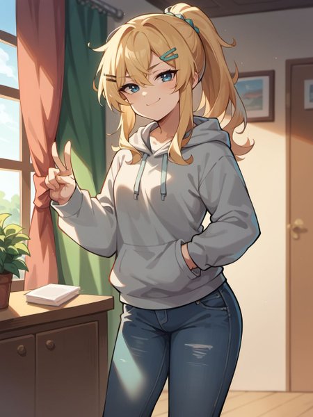 score_9, score_8_up, score_7_up, score_6_up,
sleepyfrippystyle, girl, solo, long hair, looking at viewer, smile, hair ornament, long sleeves, closed mouth, blue eyes, standing, ponytail, hairclip, indoors, hood, blond hair, hoodie, hood down, smug, grey hoodie, jeans,
<lora:sleepy_frippy_style_v1:0.8>,