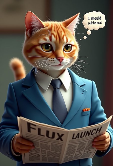 photorealistic, highly detailed, 8k, masterpiece,
A cat wearing a blue business suit and tie, reading a newspaper, newspaper headline says "FLUX LAUNCH", cat thought bubble says "I should sell the boat",