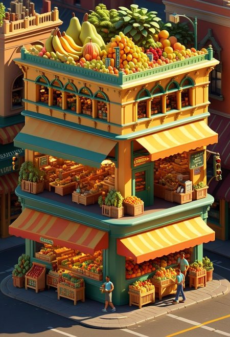 ispzxll, diorama, isometric, miniature, futuristic busy street corner market scene, golden hour, long shadows, volumetric lighting style, pedestrian crowds, fruit stands, parked cars, traffic light, storefronts, taxi cab, trash can, epic architecture, intricate details, potted plants, ultra-detailed, 8k, fluffy clouds