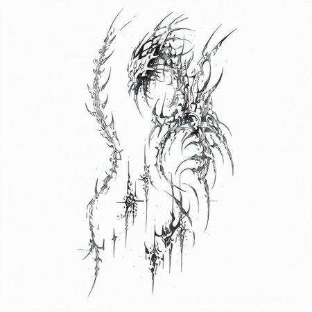 masterpiece, best quality, anime girl, ghost in the shell style, cyberpunk, cybersigilism, neotribal, tribal style tattoo, sketch, highlights, sparkle, gradient, greyscale, monochrome, no humans, white background, simple background, solo