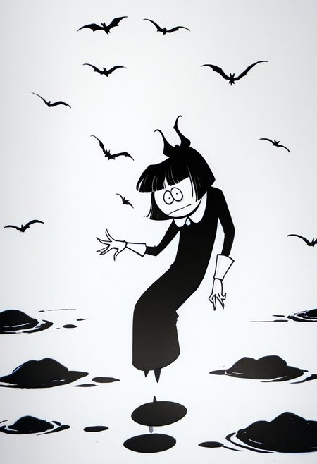 score_9, score_8_up, score_7_up BREAK CrepSuOri, 1girl, black hair, black bob cut, blunt bangs, black eyes, pale skin, white-collared long black dress, long white cuffs, full body,