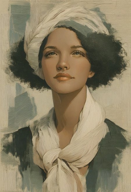 <Fragmented Painting Style>, an African woman in afro hairdo, dark complexion, African somatic traits, beautiful lips, wearing a black satin dressing gown. She's looking away. Brushstroke Portrait, Textured Art Portrait, Artistic Brushwork, Tonal Portrait Art.