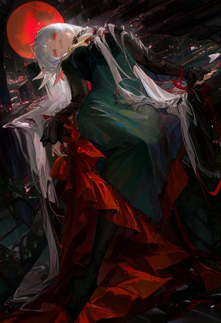 masterpiece, best quality, amazing quality, very aesthetic, absurdres, newest, volumetric lighting, female, female focus, smirk, fuchsia light, red moon, vampire 
BREAK semmelweis \(reverse:1999\), semmelweis-mirror,  white hair,  very long hair, hair ornament, red eyes,  neck ribbon, bow, ascot, green dress,high-low dress, lace sleeves,see-through sleeves,  long sleeves, red trim, long dress,pantyhose,black footwear, high heels,