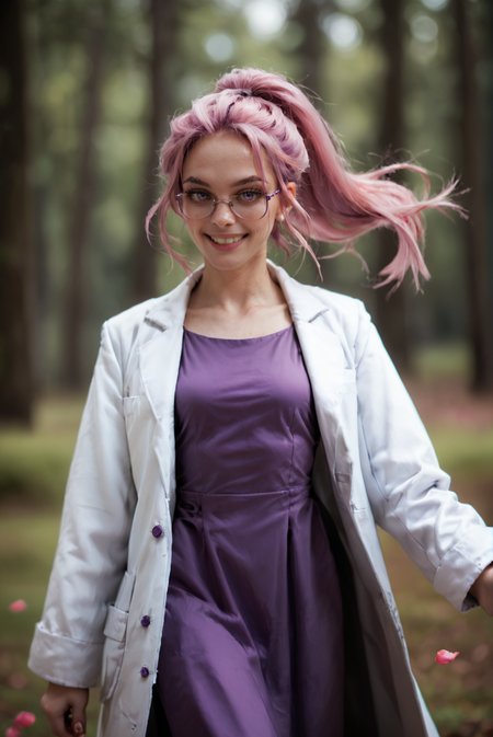 <lora:intp_v1:0.8>
intp_v1 , solo
ponytail, pink hair, long hair, purple hair, 
pale skin, 
purple eyes, 
breasts, small breasts, 
glasses,  semi-rimless eyewear,
labcoat, white coat, coat, open coat,long sleeves,
purple dress,
jewelry,, score_9, score_8_up, score_7_up, solo, 
multicolored rose petals in the dirt:1.2) in a forest:1.1),, reaching out, active pose, arm out, from behind, smiling
blur censor, blurry, blurry background, blurry foreground, bokeh, motion blur,
chromatic aberration, depth of field, figure, focused,  focus