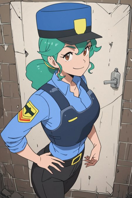 score_9, score_8_up, score_8, medium breasts, (curvy), cute, eyelashes,       ,,,  zzJenny, brown eyes, hair between eyes, green hair, long hair, ponytail, short hair, police uniform, policewoman, shirt, police hat, blue shirt, collared shirt, black pants,  <lora:JennySunMoonPDXL:1>, cowboy shot, hand on hip, smug, smile, looking at viewer, shiny skin, embedding:zPDXL, Expressiveh, <lora:SDXLFaeTastic2400:0.5>,  <lora:Expressive_H-000001:0.4>,