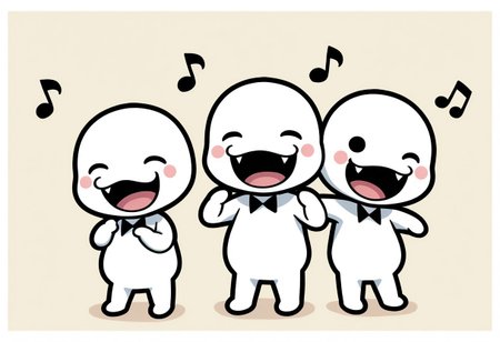 ch0rus_RH, 3boys, clone, multiple boys, lineup, no nose, white skin, solid circle eyes, black eyes, :3, smile, open mouth, fangs, tongue, masterpiece, absurdres, amazing quality, ultra-detailed, best quality, miniperson, short, no humans, chibi, black bowtie, hands up, full body, blush stickers, slightly chubby, music note, group hug, one eye closed, closed eyes, laughing, happy, cute, 
BREAK 
simple background, abstract background, shadow, detailed shading,