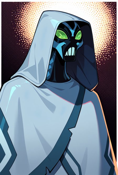 <lora:bigchill-07:1> bigchill, solo, 1boy, green eyes, blue skin, no humans, green sclera, teeth, no pupils,,  hood, cloak, masterpiece, best quality, amazing quality, very aesthetic, absurdres, newest,, upper body, halftone effect, white borders, abstract background:1.2,