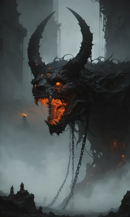 an intricate digital painting, a menacing creature in chains, mouth open, horned, ,fog, haze, fantasy, blurry foggy background, low angle, orange glowing, red glow, detailed, artistic rendition, dark fantasy, , <lora:- iLL - PdJ_highres_counterweight _V1.0-step00007000:.6>, <lora:- iLL - vl_abstractbrush_finished_V1.0:.4>  <lora:Illustrious:0.2>