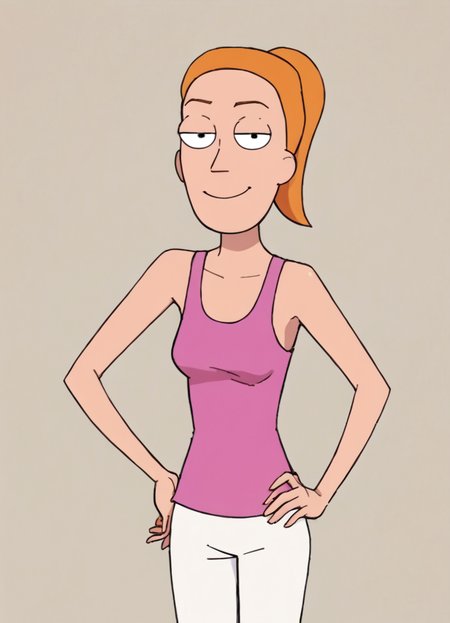 summer.smith, orange hair, 1girl, ponytail, solo, pink tank top, white pants,smile,score_9, score_8_up, score_7_up, score_6_up, score_5_up, score_4_up, looking at viewer, hand on own hip, cowboy shot,simple background,   <lora:SummerPony1.0:1>  <hypernet:badhandv4:1>