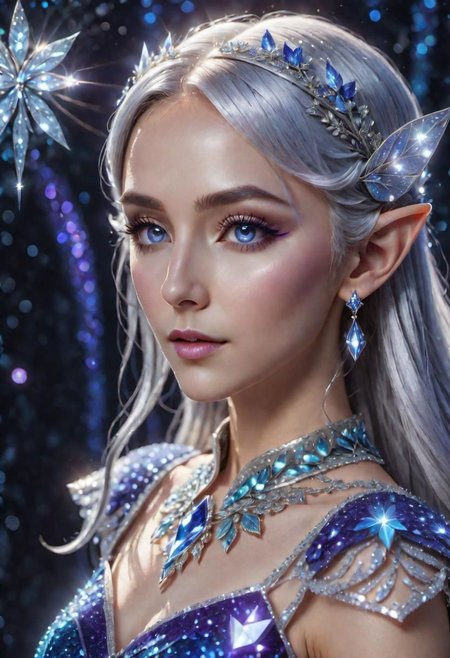 portrait of an epoch elf,  wearing a ((fairy dress, crystalline dress)), long glittery silver hair, perfect elven face, symmetrical eyes, fine details best quality, hyperdetailed face, photorealistic, highest quality, best shadow, highly detailed. photography, professional, 4k, 8k HD, professional, purple colors, blue light, blue atmosphere