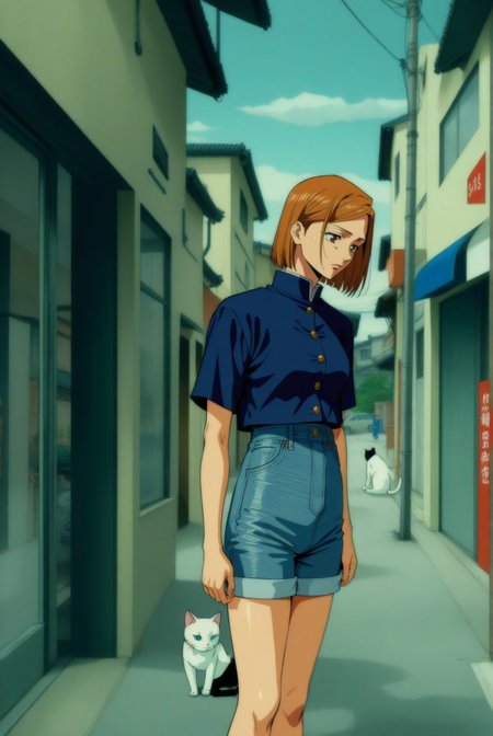 1girl, kugisaki nobara, jujutsu kaisen , (90s anime style:1.5), front view, outdoors, street view, (looking down:1.3), perfecteyes, shirt, denim shorts, (a single white cat sitting next to them) <lora:detailed_notrigger:1> <lora:ParchartXL_CODA:0.2> <lora:Isometric Cutaway:1> <lora:PerfectEyesXL:1> <lora:Surreal Harmony:0.2>